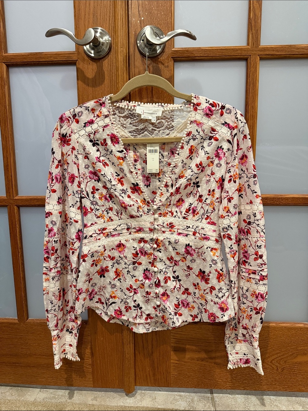 Anthropologie White Floral Lace-Trim V-Neck Blouse